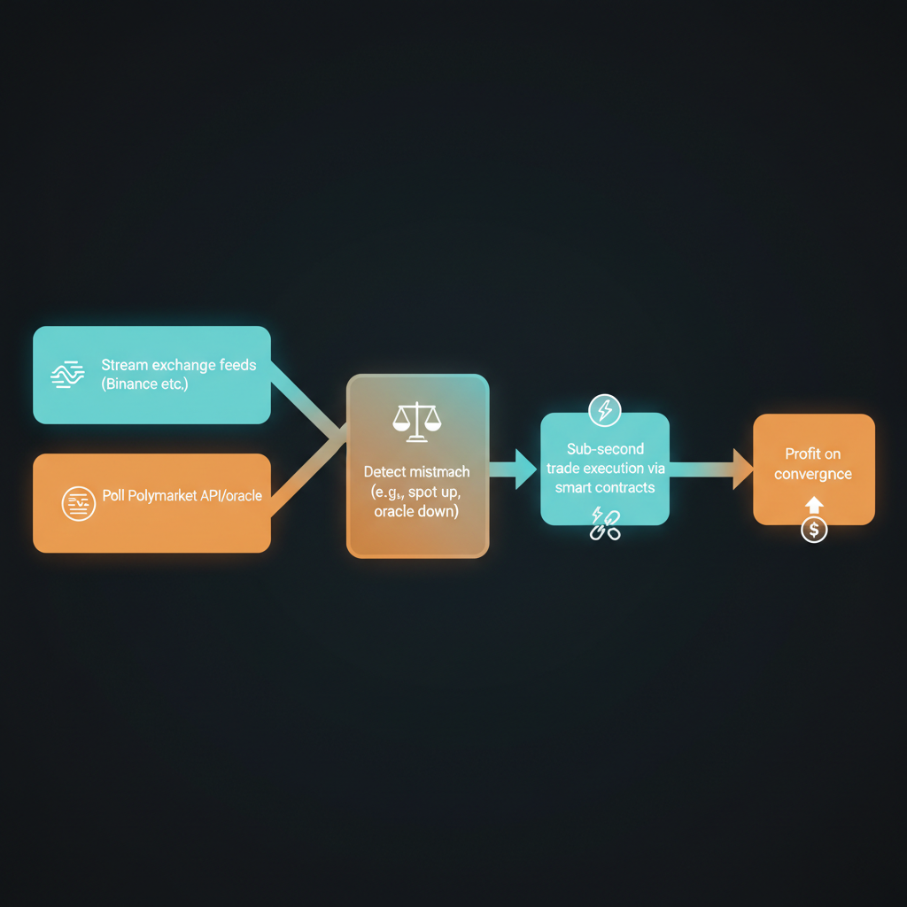 Flow diagram of an HFT bot detecting and exploiting oracle delays between exchange prices and Polymarket signals.
