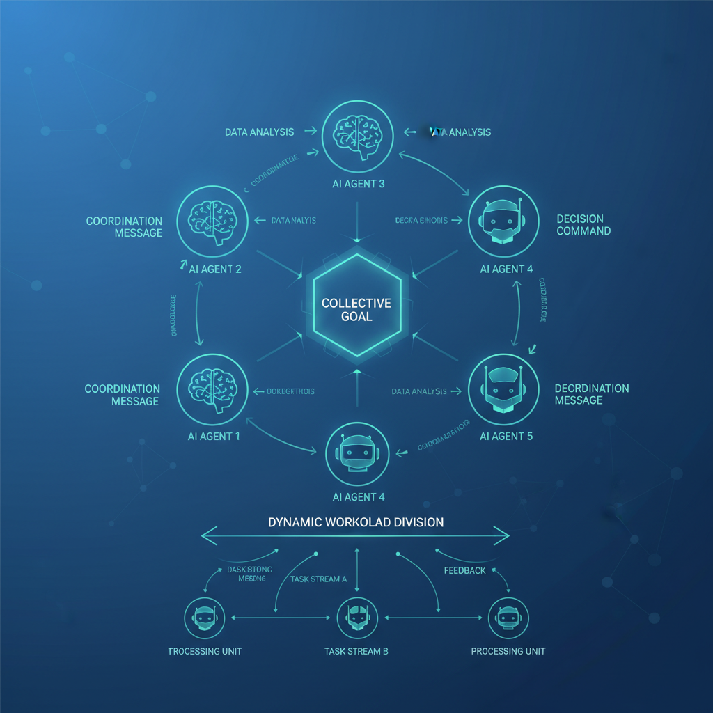 Diagram of interconnected AI agents collaborating on tasks in a multi-agent system.