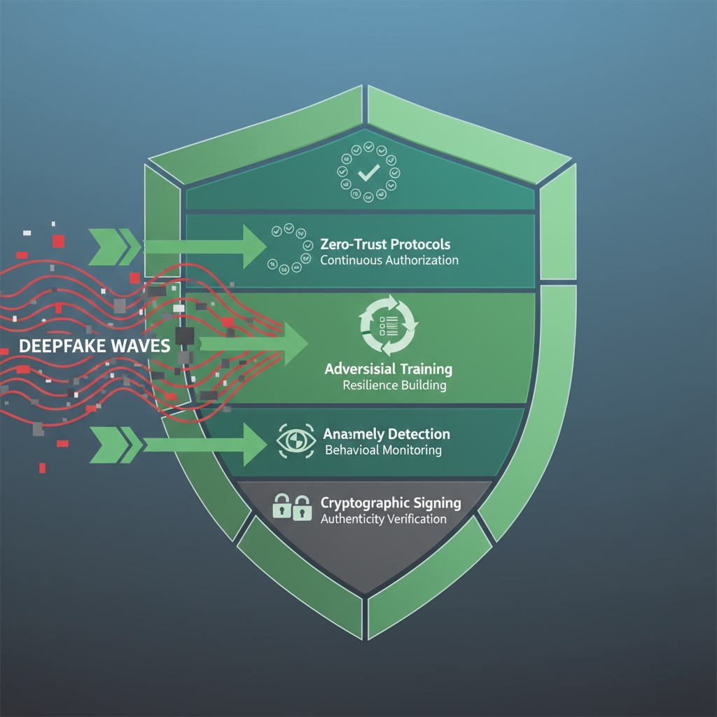 Diagram of layered defense strategies against deepfakes in multi-agent AI.
