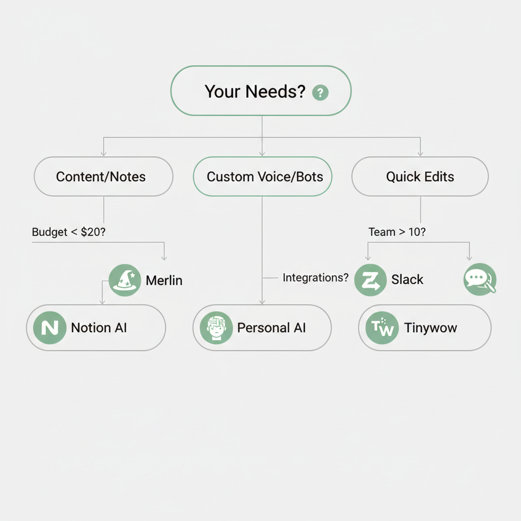 Decision tree diagram guiding selection of AI tools based on needs, budget, and integrations.