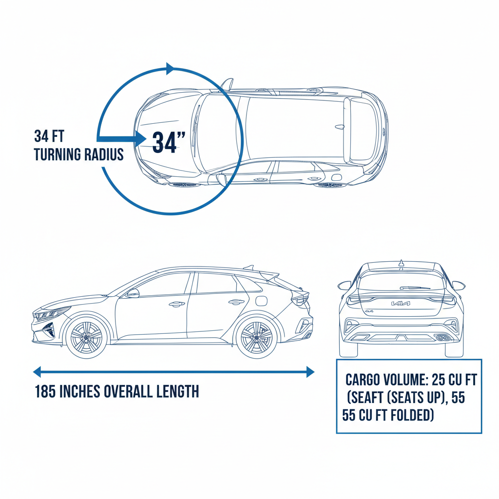 Diagram of Kia K4 Hatchback key dimensions including length, turning radius, and cargo space.