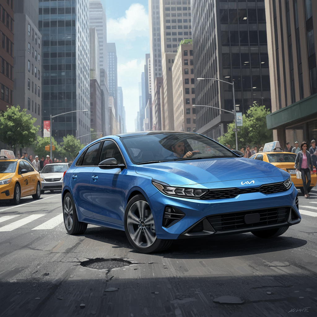 Illustration of Kia K4 Hatchback making a precise U-turn in dense urban traffic.