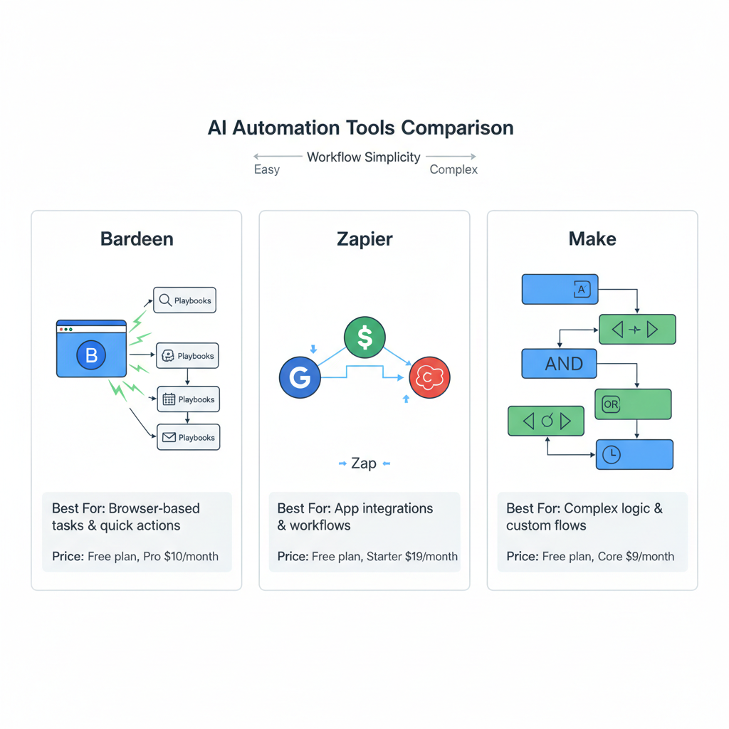 Diagram comparing Bardeen, Zapier, and Make by strengths and pricing.