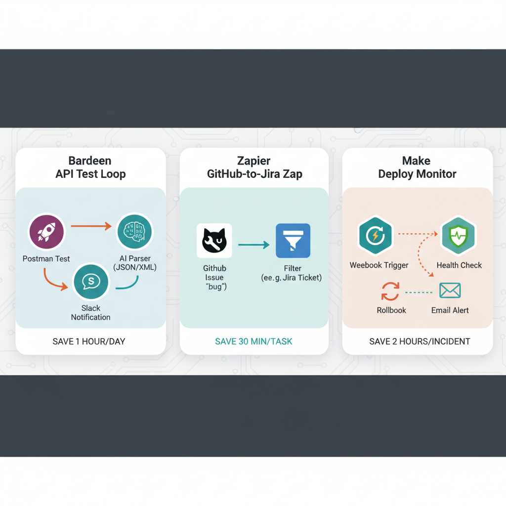 Flow diagrams of the three automated tasks using Bardeen, Zapier, and Make.