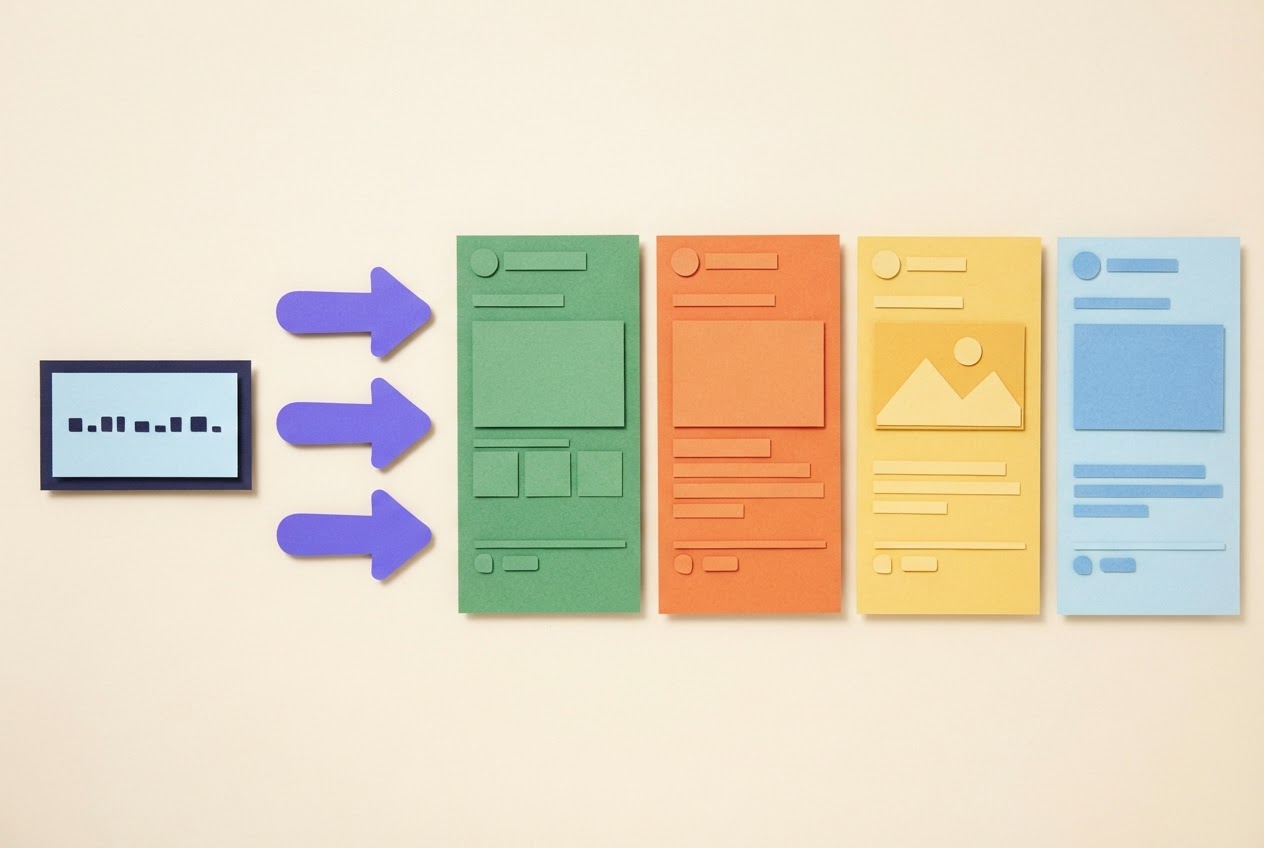 One idea note connected by arrows to four separate post cards in a row.