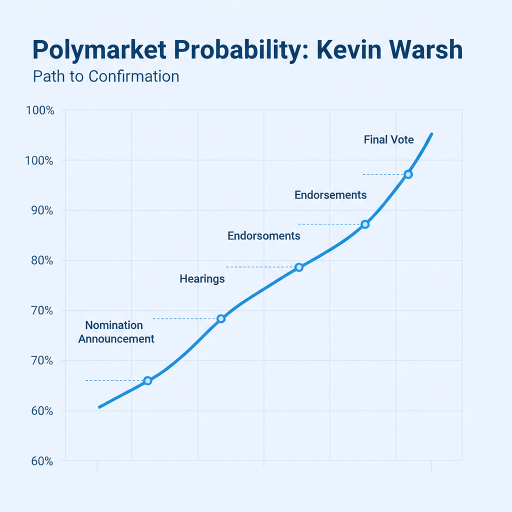 Line chart illustrating the steady rise in Polymarket odds for Kevin Warsh from the low 60s to 100 percent leading up to the confirmation vote