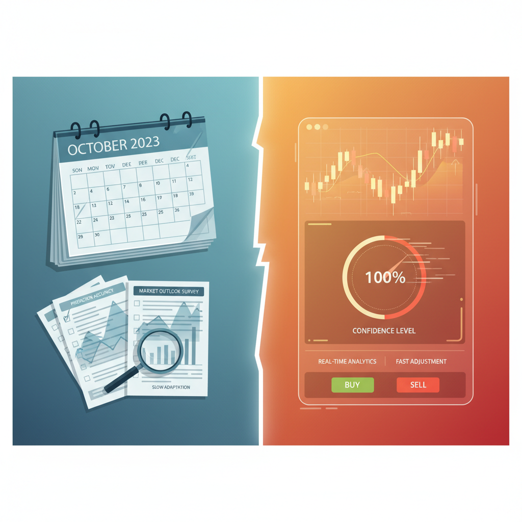 Split illustration comparing slow traditional forecasting methods on the left with faster, more precise prediction market updates on the right