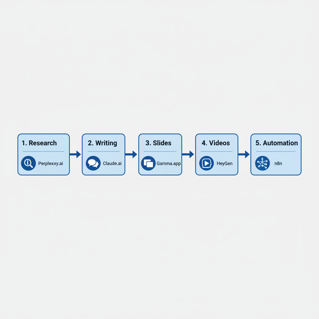 Diagram of the 5-tool content creation workflow: Perplexity.ai (research) → Claude.ai (writing) → Gamma.app (slides) → HeyGen (videos) → n8n (automation).