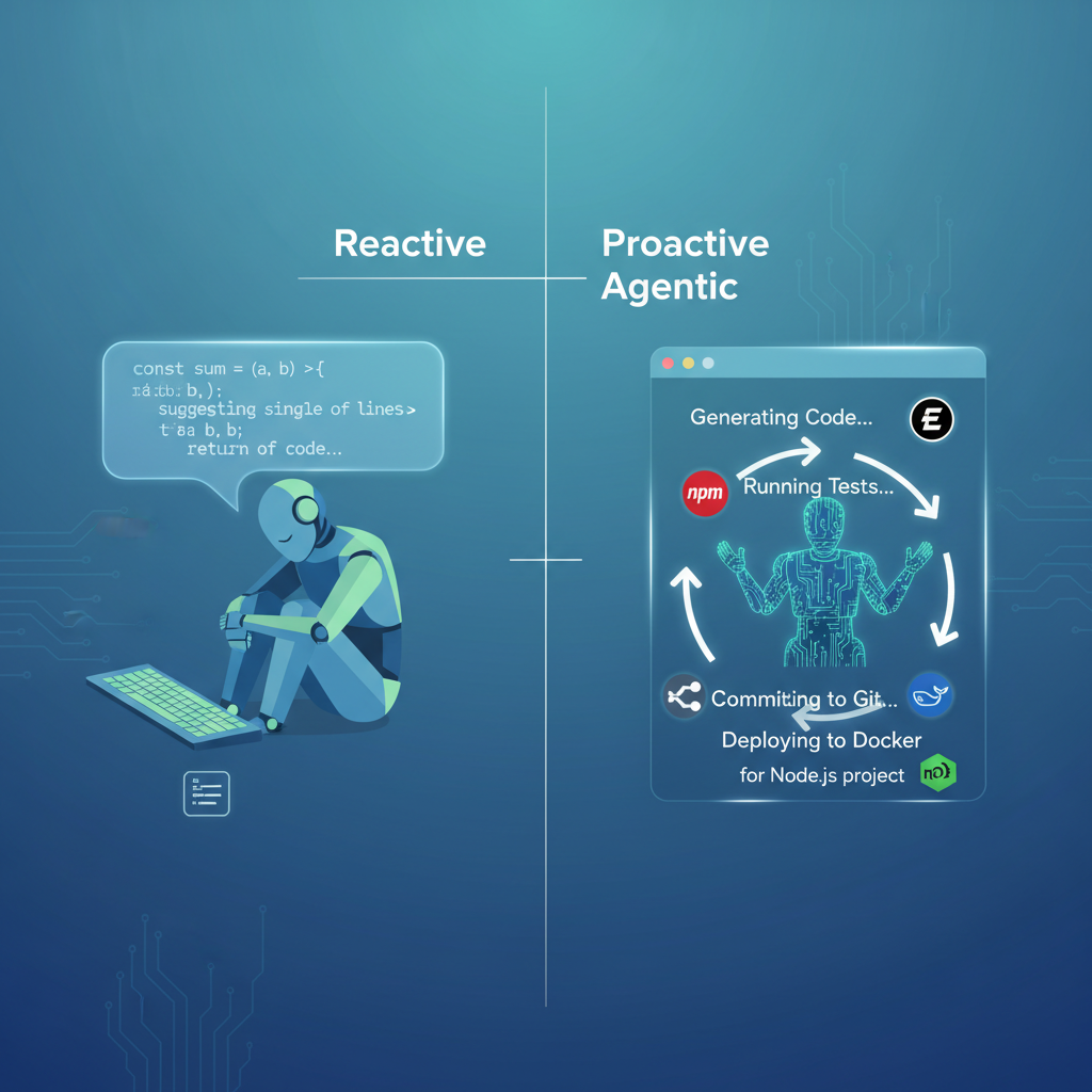 Conceptual split-image comparing reactive traditional AI coding assistants (left) to proactive agentic AI CLI tools (right) in a Node.js terminal environment.