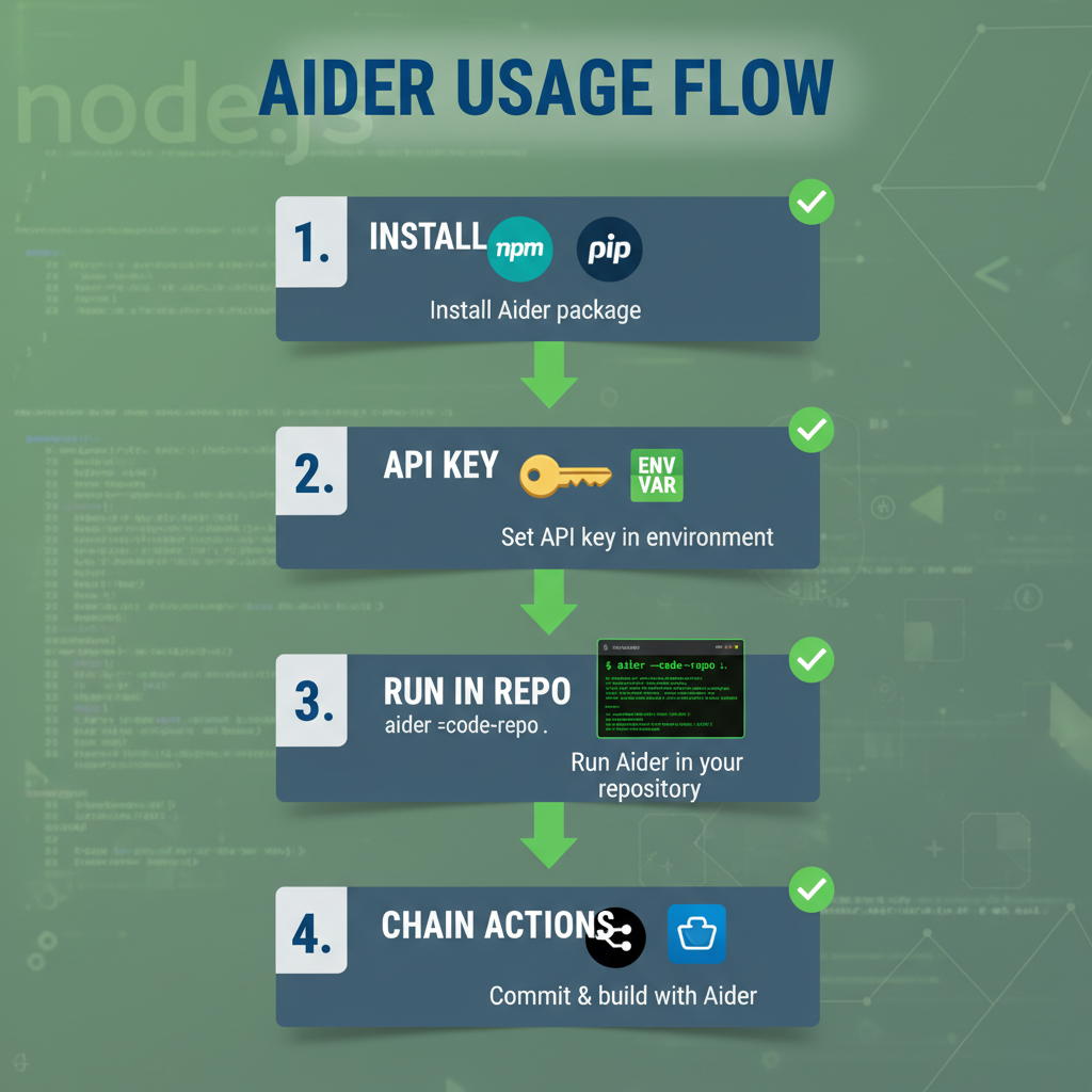 Step-by-step flowchart diagram of integrating Aider agentic AI CLI tool into a Node.js workflow.