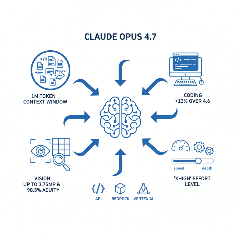 Diagram illustrating Claude Opus 4.7's key features including context window, coding improvements, vision capabilities, effort levels, and platforms.