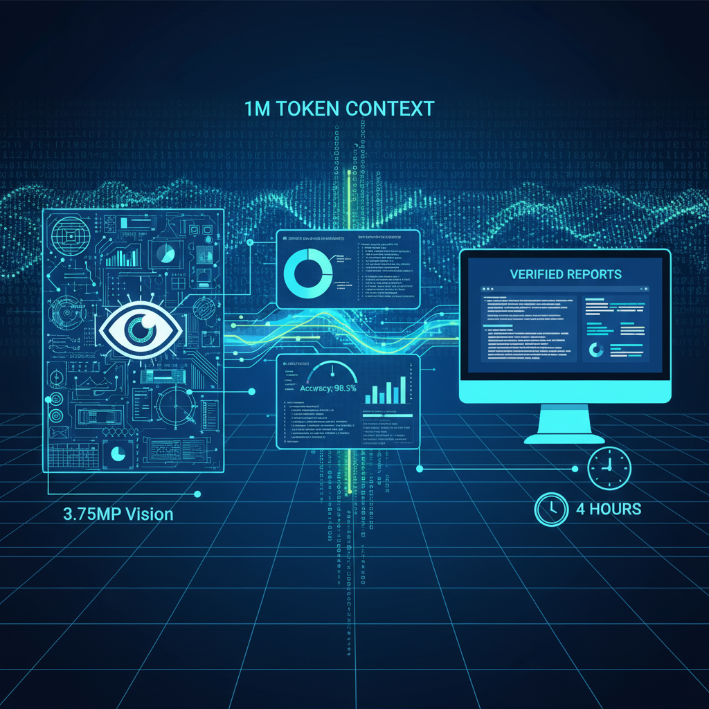 Illustration of Claude Opus 4.7 processing a high-res image through vision analysis, data extraction, and long-running task verification.