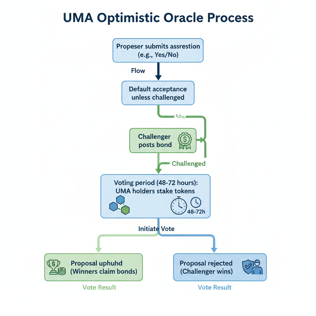 Flowchart diagram of the UMA Optimistic Oracle resolution process, showing proposal, challenge, voting, and bond outcomes.