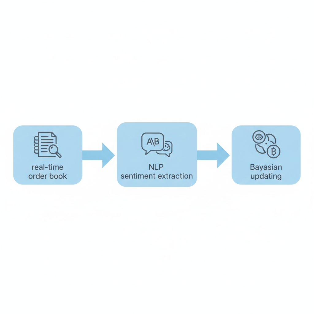 Diagram illustrating the three-step AI analysis process for prediction markets: order-book monitoring, sentiment extraction, and Bayesian updating