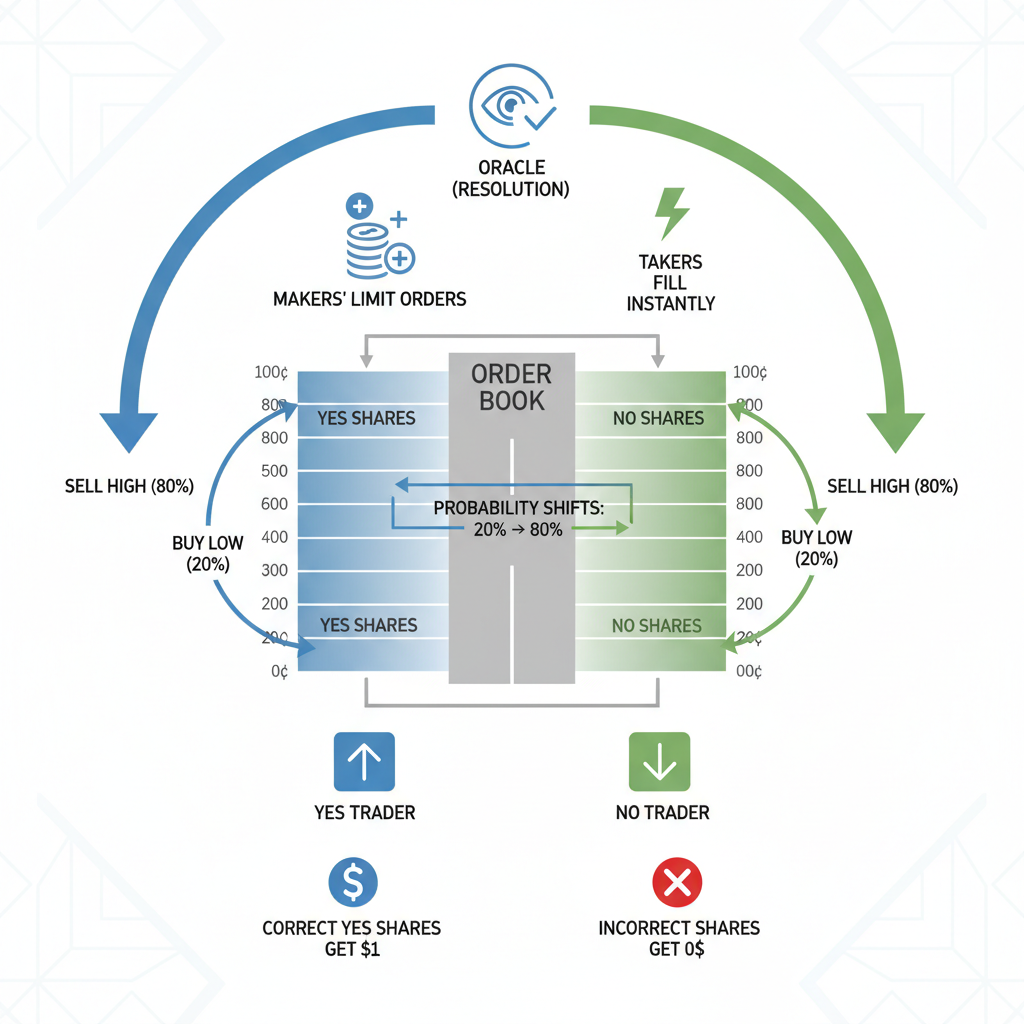 Diagram showing Polymarket prediction market mechanics: shares, probabilities, liquidity, and resolution.