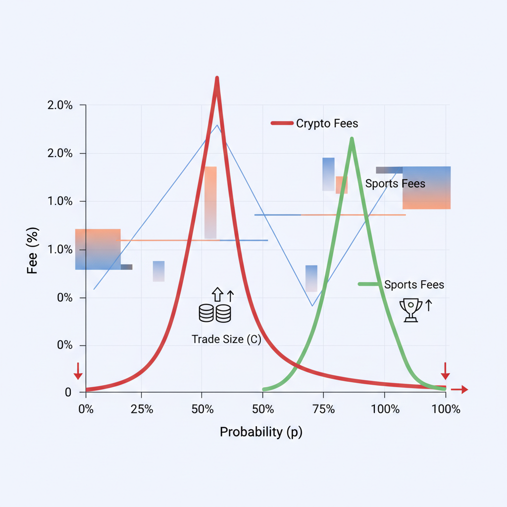 Illustration of Polymarket fee formula curve peaking at mid-probabilities for crypto and sports markets.