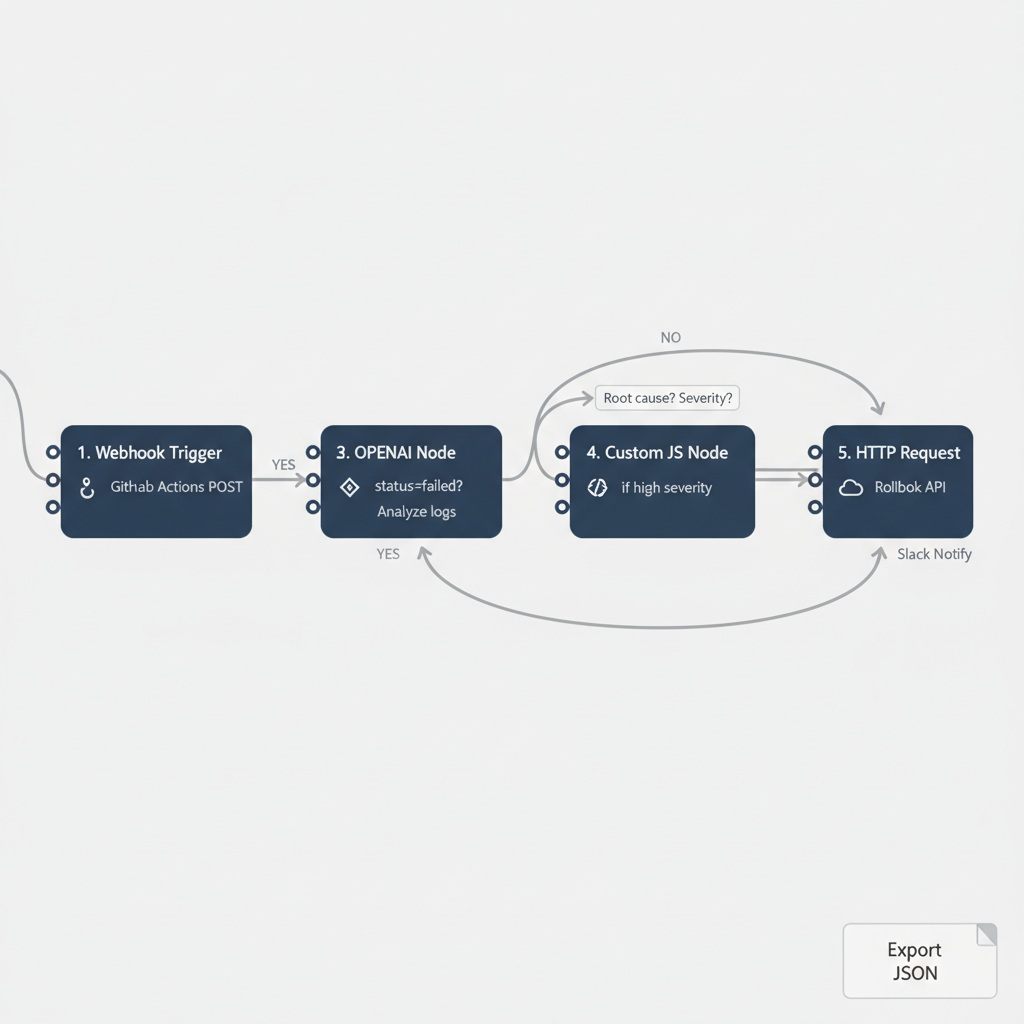 Node diagram of the n8n deployment monitoring workflow, from webhook trigger through AI analysis to rollback and notification.