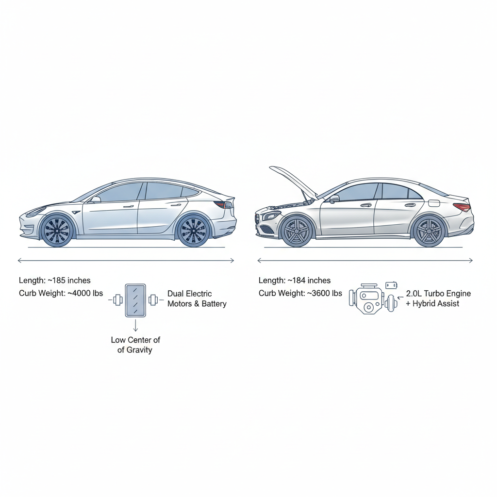 Technical diagram comparing dimensions, weight, powertrains, and center of gravity of the 2026 Tesla Model 3 and Mercedes-Benz CLA.