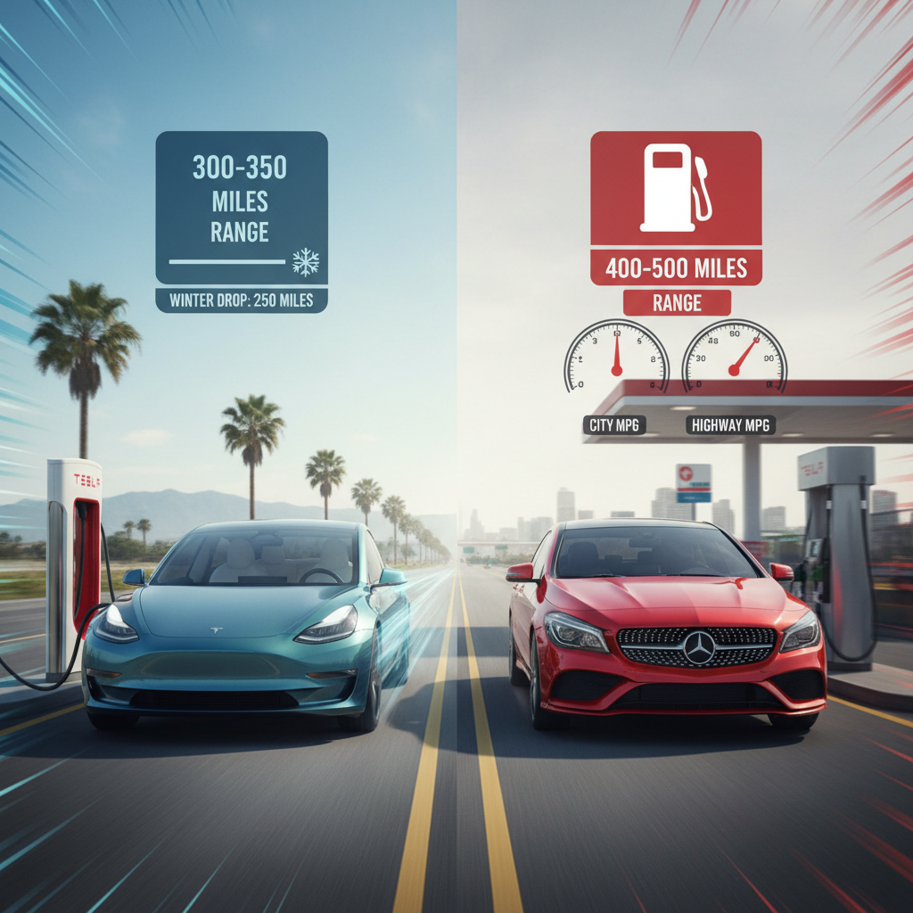 Conceptual split image depicting Tesla Model 3 charging on a road trip versus Mercedes CLA refueling, highlighting range and conditions.