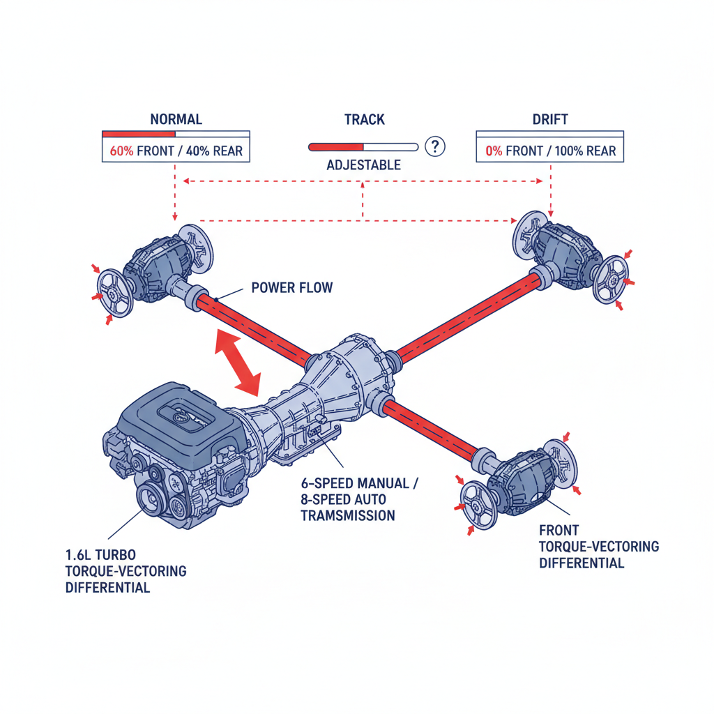 Technical diagram of GR-Four all-wheel-drive system showing torque distribution from 60% front to 100% rear.