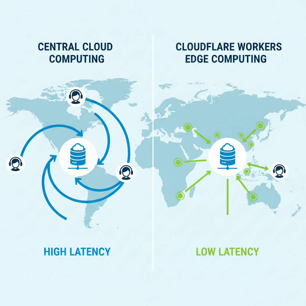 Diagram contrasting central cloud computing's hub-and-spoke latency with Cloudflare Workers' distributed edge processing.