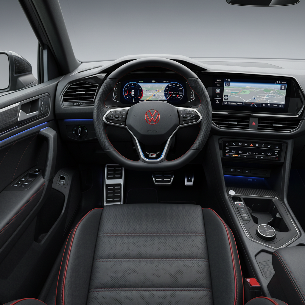 Interior illustration of 2025 VW Tiguan R-Line dashboard and digital cockpit.