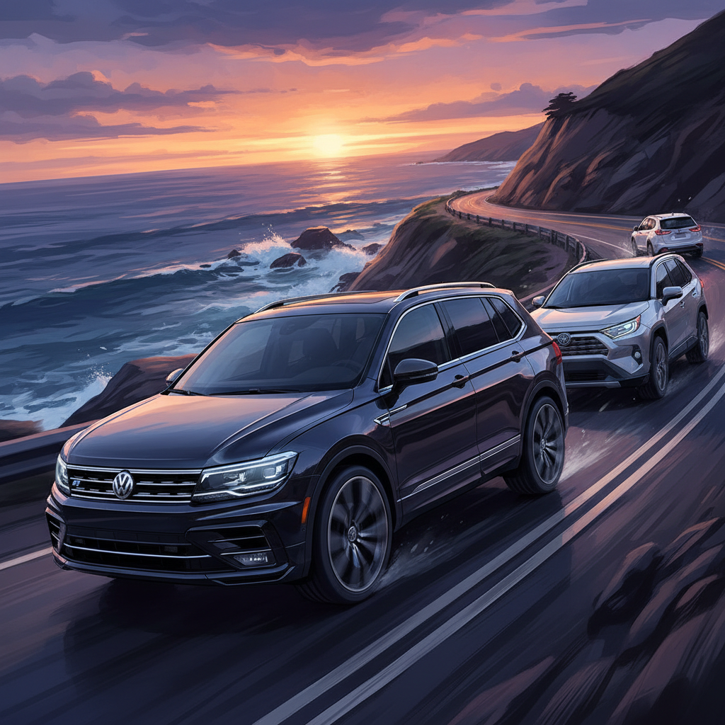 Illustration showing Tiguan R-Line leading RAV4 and CR-V in a performance drive on winding roads.