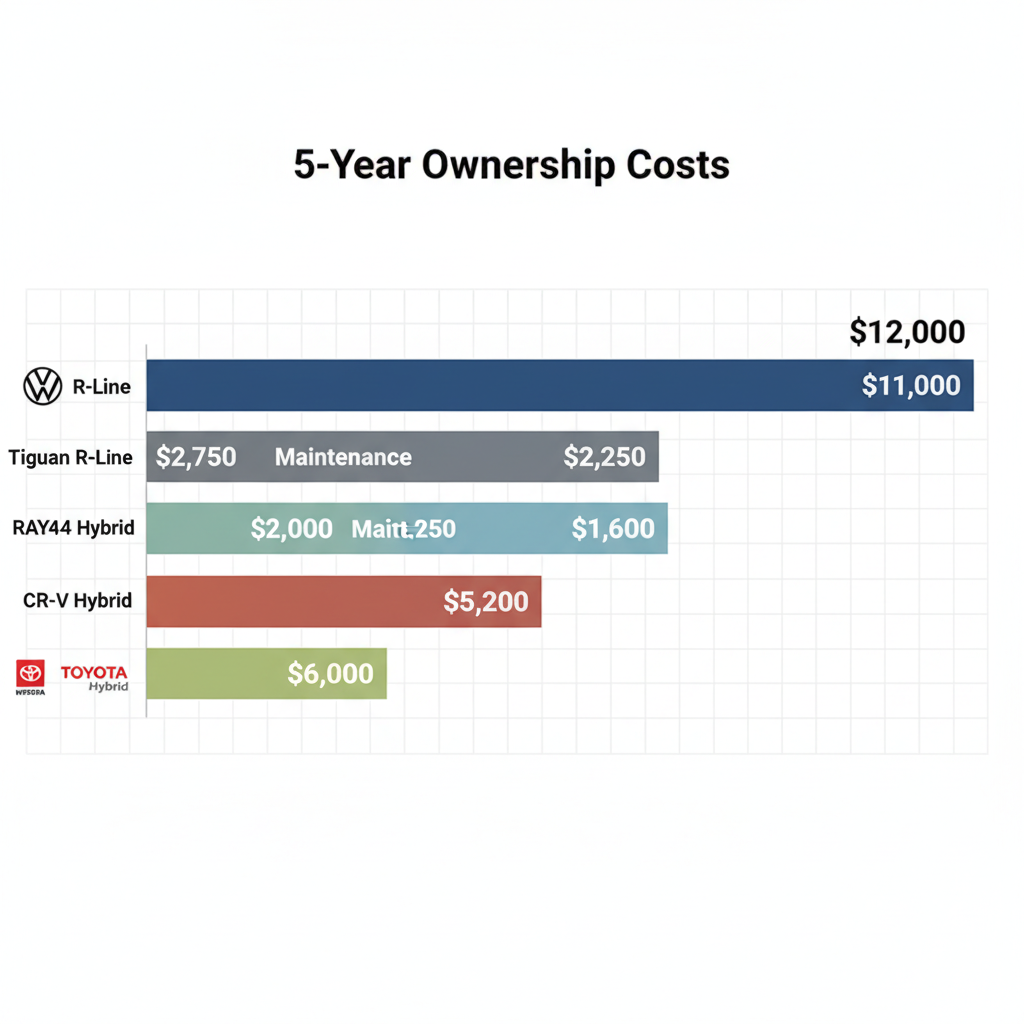 Stacked bar chart diagram of estimated 5-year ownership costs (fuel, maintenance, insurance) for Tiguan R-Line, RAV4 Hybrid, and CR-V Hybrid.