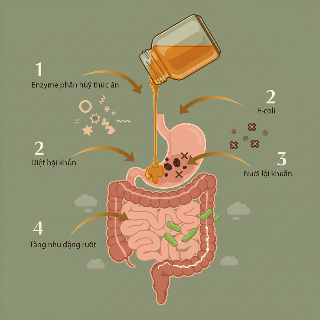 Sơ đồ minh họa cách mật ong hoa cà phê hỗ trợ hệ tiêu hóa: enzyme phân hủy thức ăn, diệt hại khuẩn, nuôi lợi khuẩn và cải thiện nhu động ruột.