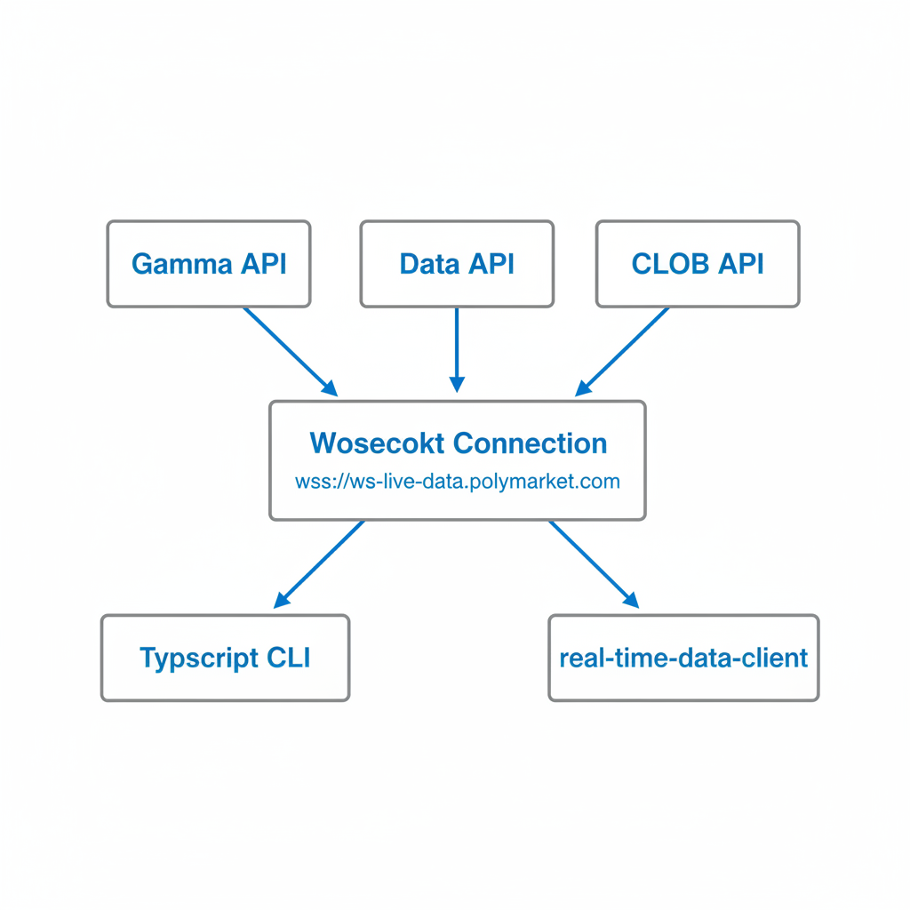 Diagram illustrating how Polymarket APIs connect through a WebSocket to the TypeScript CLI tool