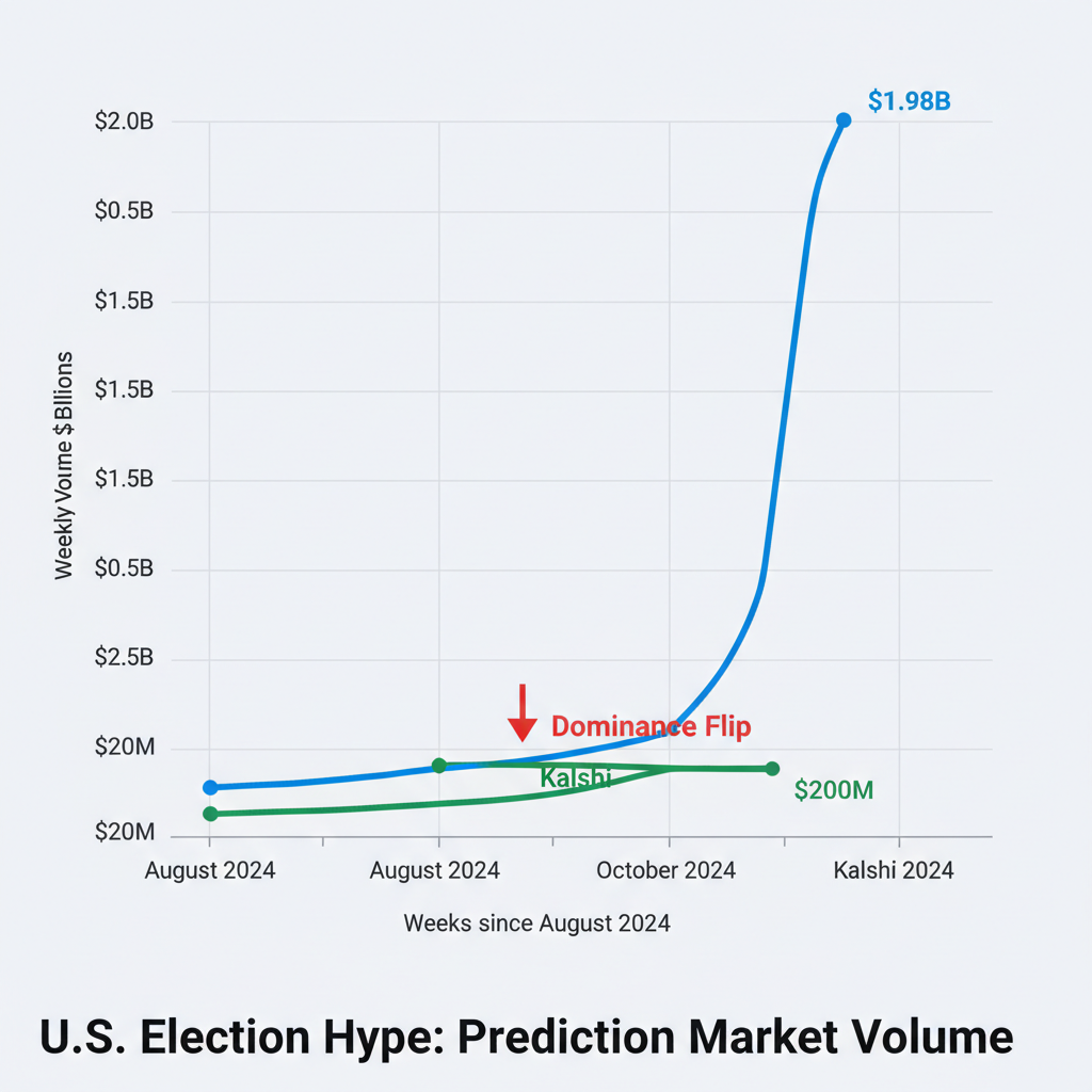 Line chart diagram showing Polymarket's weekly trading volume surging past Kalshi's during the 2024 election period.