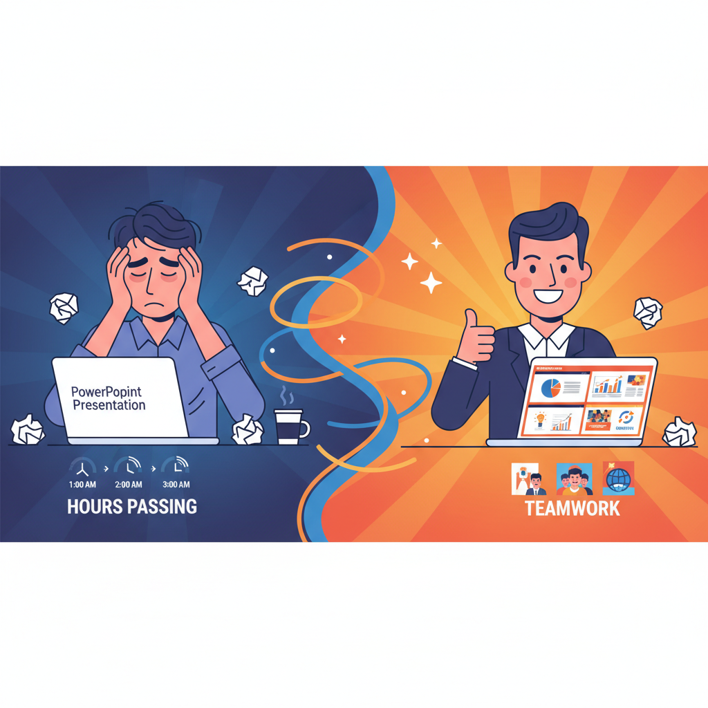 Split-screen illustration contrasting tedious manual presentation creation with fast, professional AI-generated slides.