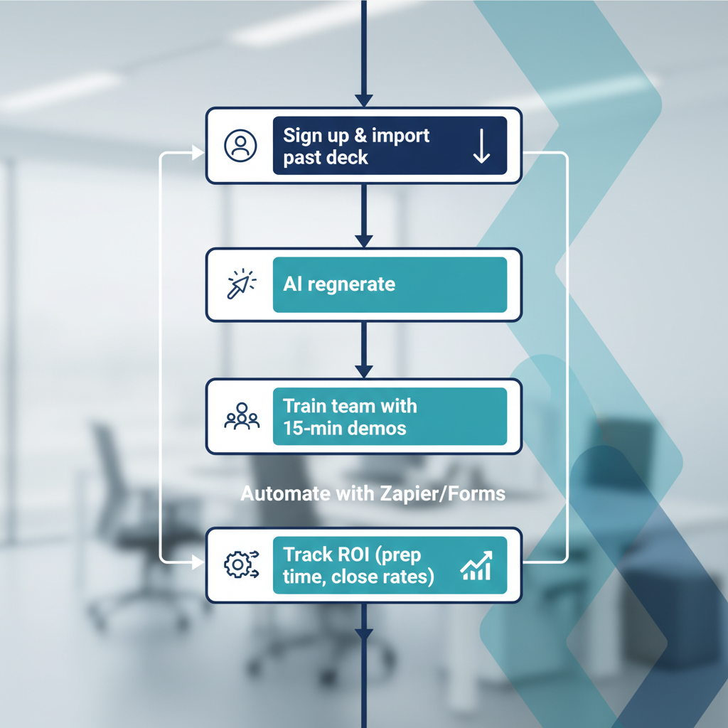 Flowchart diagram outlining 5 steps to integrate AI presentation tools into business workflows.