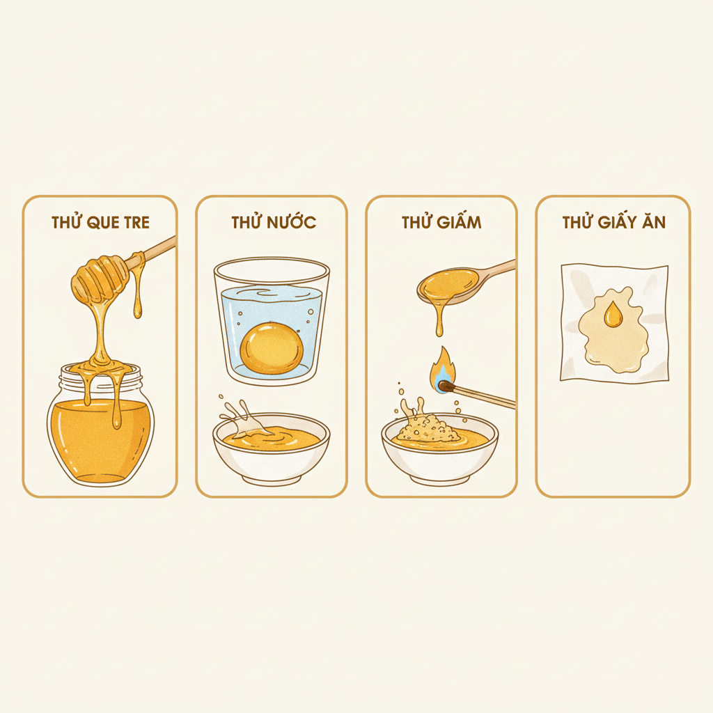 Minh họa 5 phương pháp thử mật ong nguyên chất tại nhà: que tre, nước, giấm, lửa, giấy thấm với kết quả thật và giả.
