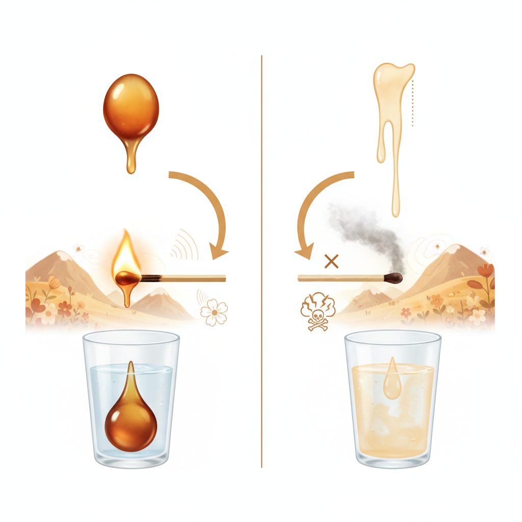 Sơ đồ minh họa bốn cách kiểm tra mật ong thật giả: độ sánh trên ngón tay, thử lửa với que diêm, ngửi mùi, và thử trong nước.