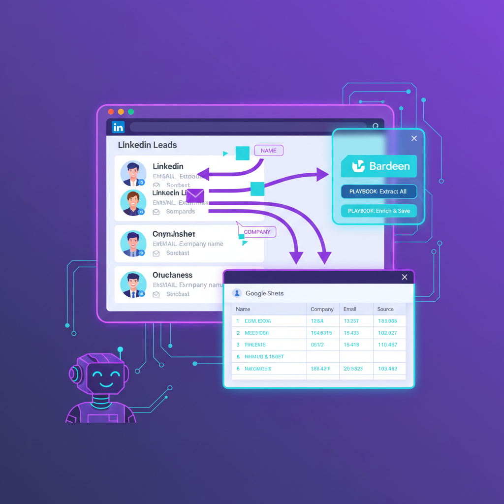 Illustration of Bardeen Chrome extension automating LinkedIn lead scraping to Google Sheets.