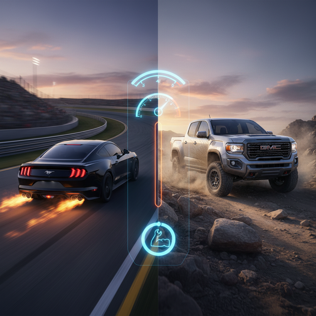 Conceptual split image contrasting the Mustang Dark Horse on a racetrack with the Canyon AT4X off-roading.