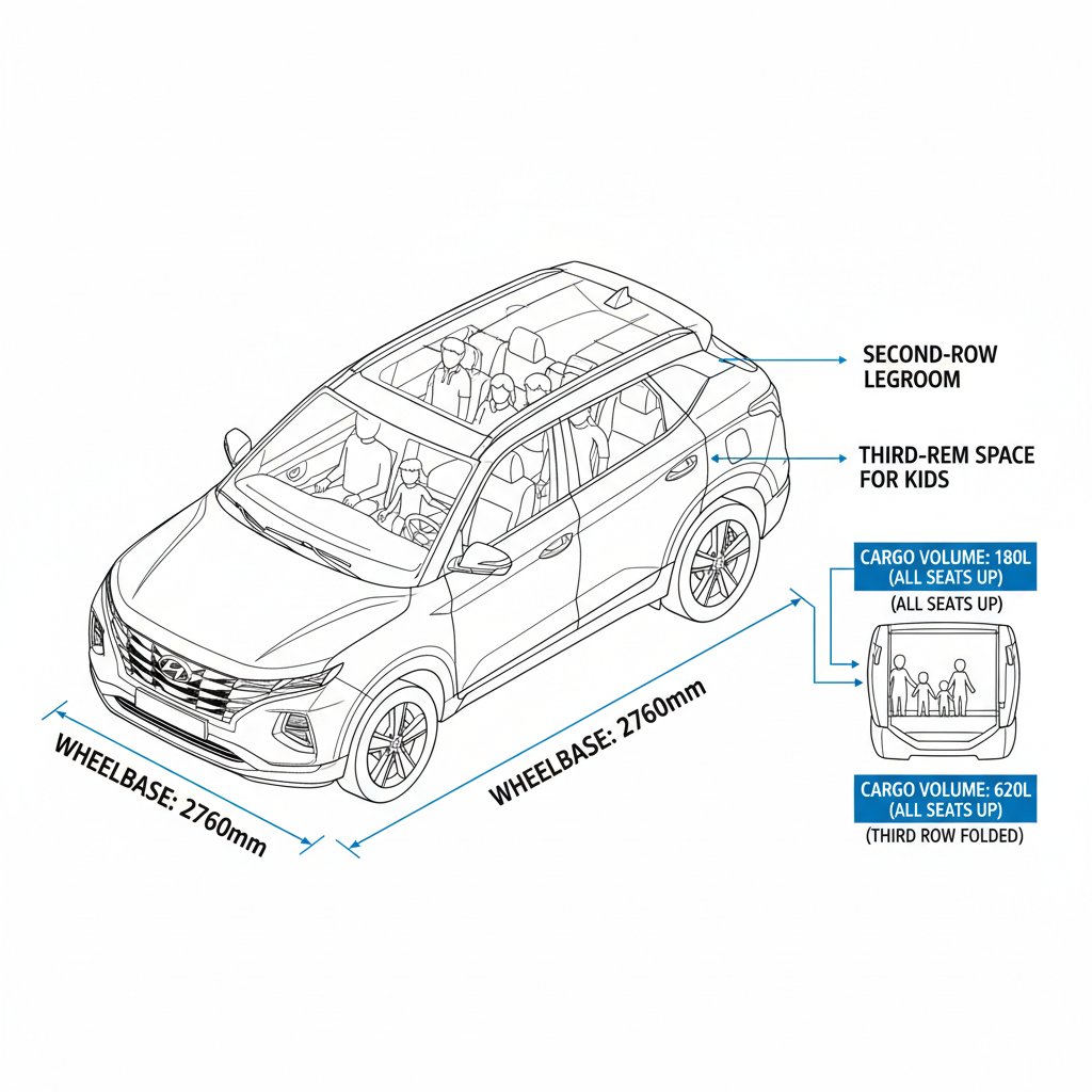 Technical diagram of Hyundai Alcazar dimensions, wheelbase, seating layout, and cargo space variations.
