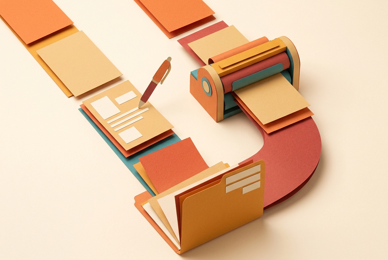Two paths of paper sheets leading to the same folder.