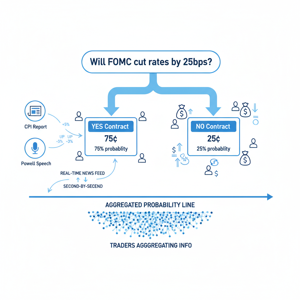 Flowchart diagram showing how Kalshi yes/no contracts price events as probabilities and update in real-time with trader money and news.