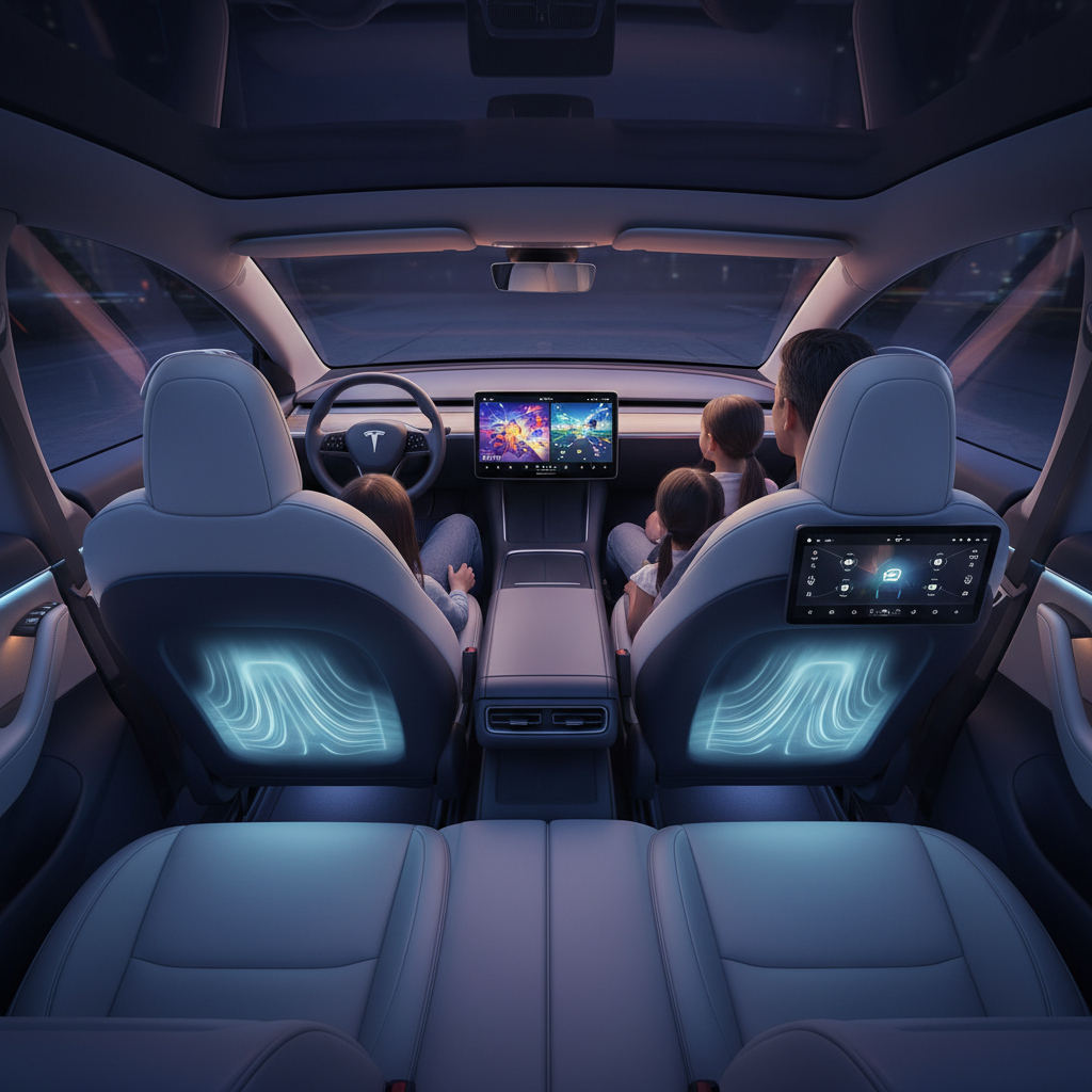 Illustration of 2025 Model Y's new interior features including ambient lighting, ventilated seats, and enlarged rear screen.