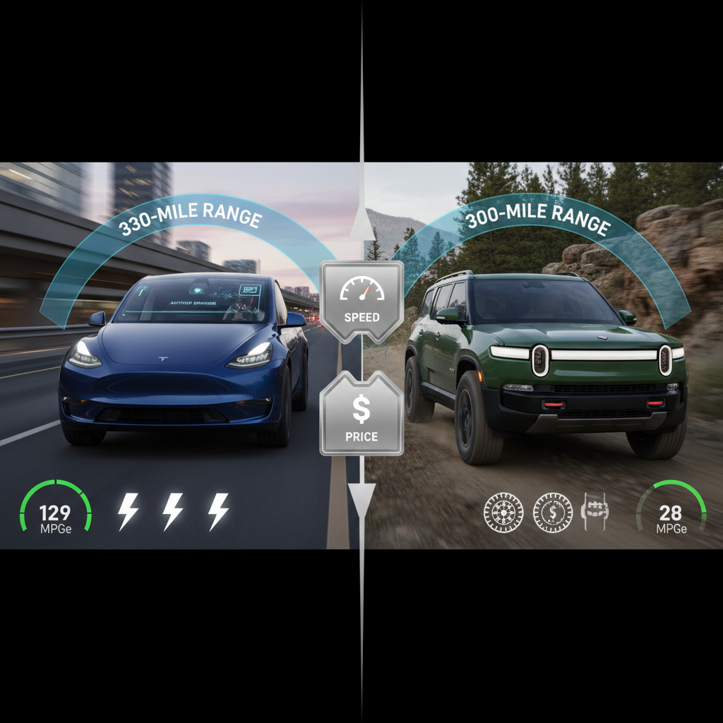 Conceptual side-by-side visualization of Tesla Model Y vs. Rivian R2 strengths in range, efficiency, and use cases.