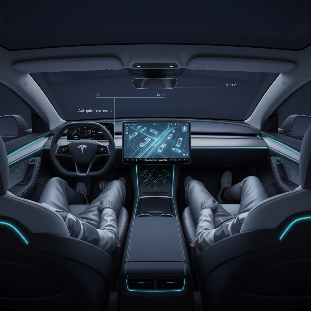Illustration of the 2025 Tesla Model Y interior highlighting the 15-inch touchscreen, Autopilot hardware, and premium audio.