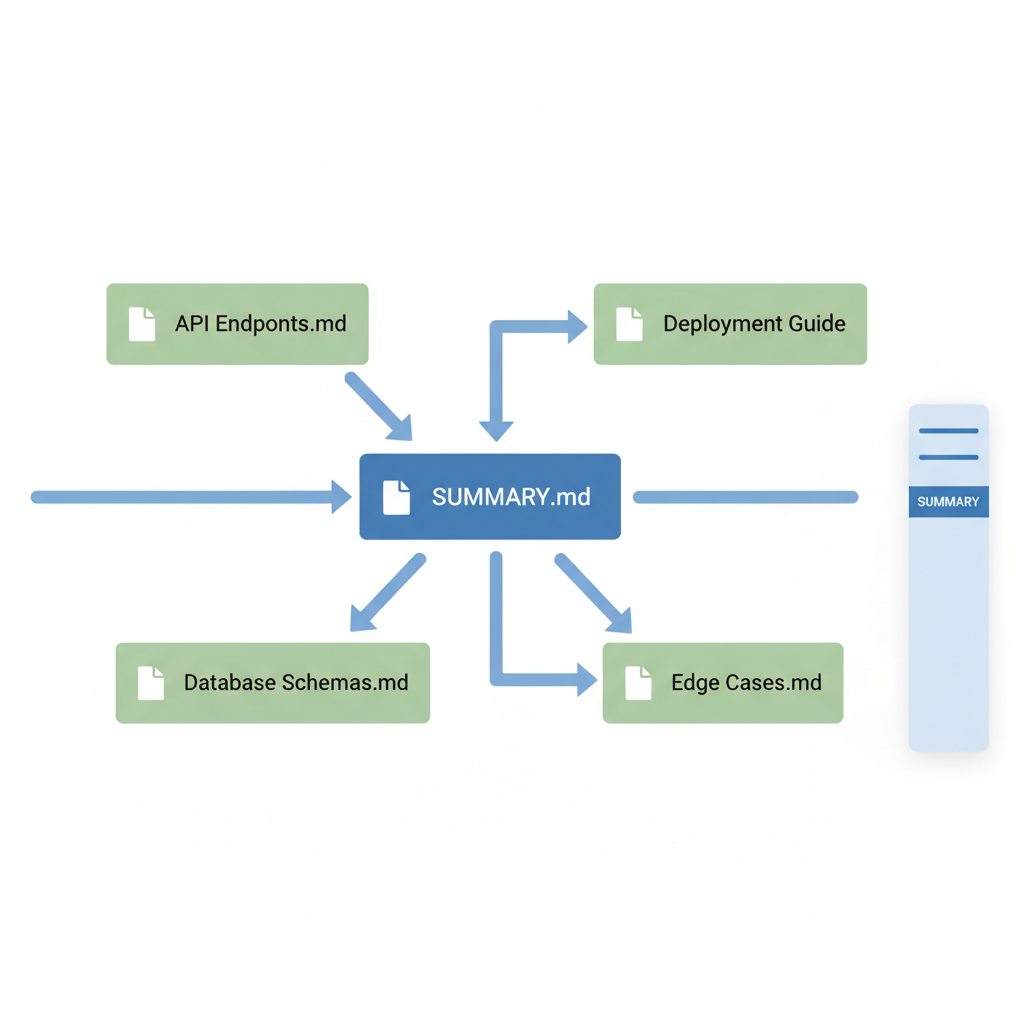 Diagram illustrating modular Markdown file structure linked from SUMMARY.md with Git integration.