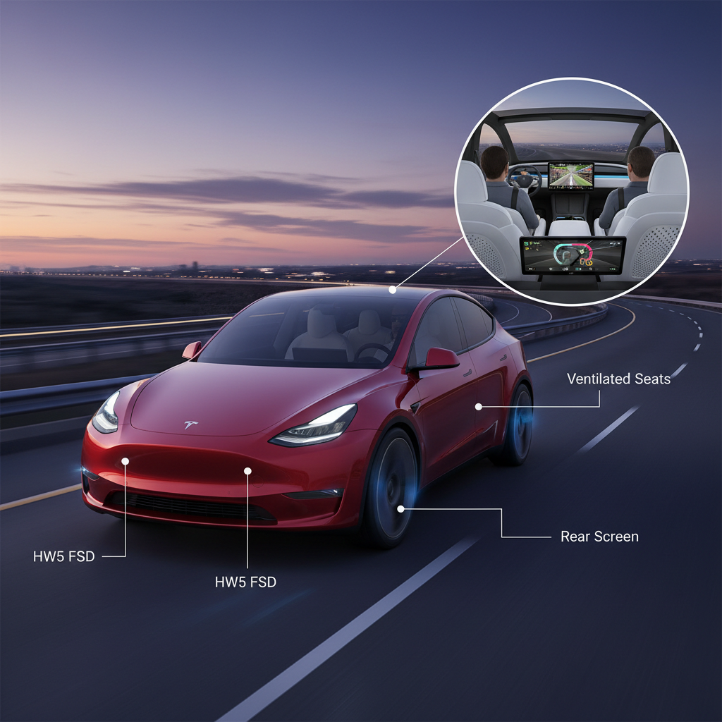 Illustration of the 2025 Tesla Model Y Juniper refresh, highlighting sleeker exterior aerodynamics, ventilated seats, ambient lighting, rear touchscreen, and HW5 hardware.