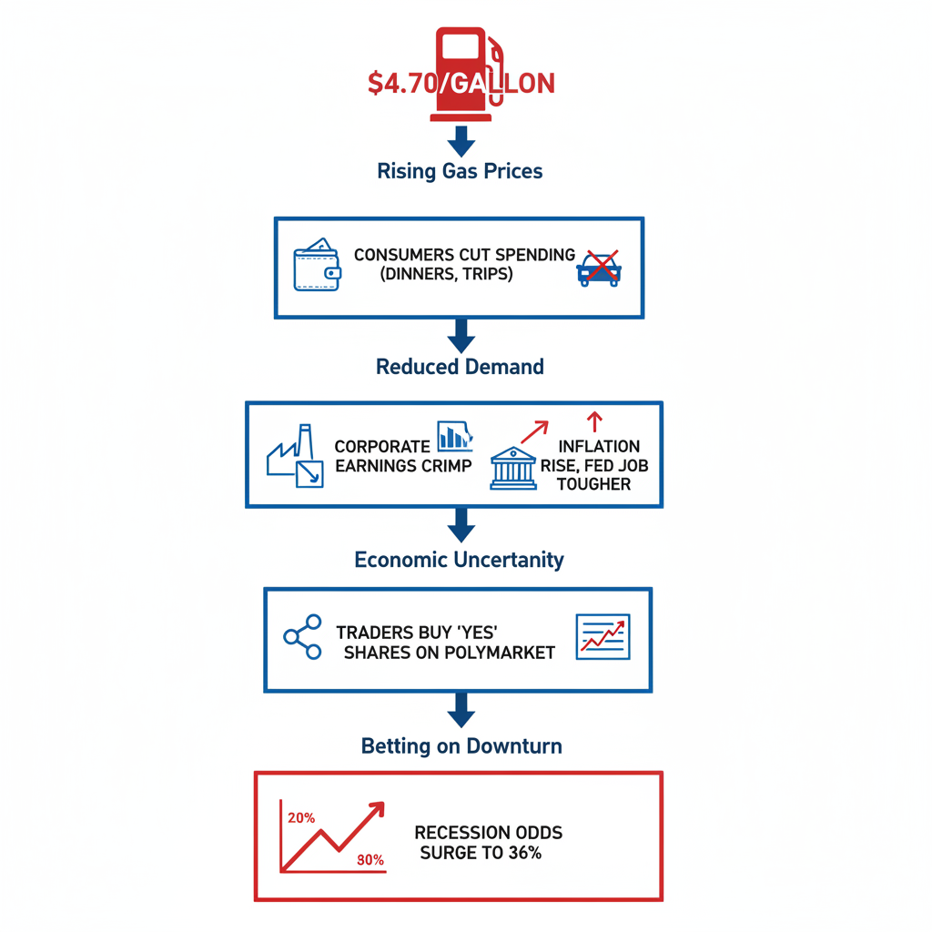 Flowchart diagram illustrating the step-by-step impact of high gas prices on Polymarket recession odds.