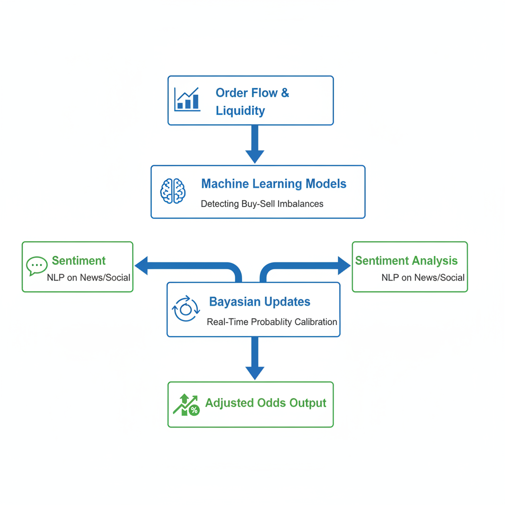 Diagram illustrating the step-by-step AI process for analyzing prediction market odds: order flow to ML models, sentiment analysis, and Bayesian updates.