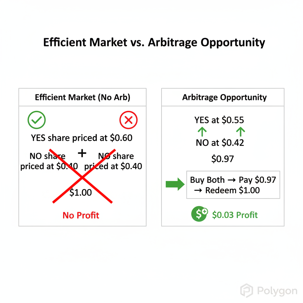 Two-panel diagram contrasting efficient (YES + NO = $1) and inefficient (YES + NO < $1) Polymarket pricing, illustrating the arbitrage buy strategy.