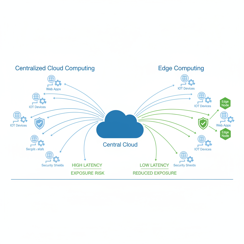 Diagram contrasting centralized cloud data flow (high risk) with edge computing data flow (low risk).