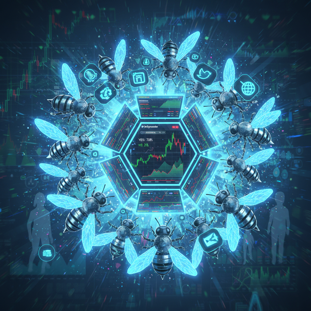 Illustration of AI agent swarm as intelligent bees collaborating around a digital hive displaying Polymarket odds.